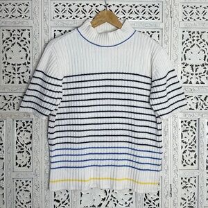 Liz‎ Claiborne Cream Chunky Knit Ribbed Striped Short Sleeve Sweater Sz Large